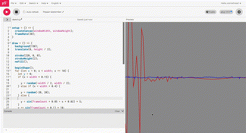 I started by drawing a waveform on the screen. At first, I used random values, so the red line moved a lot on a gray background.