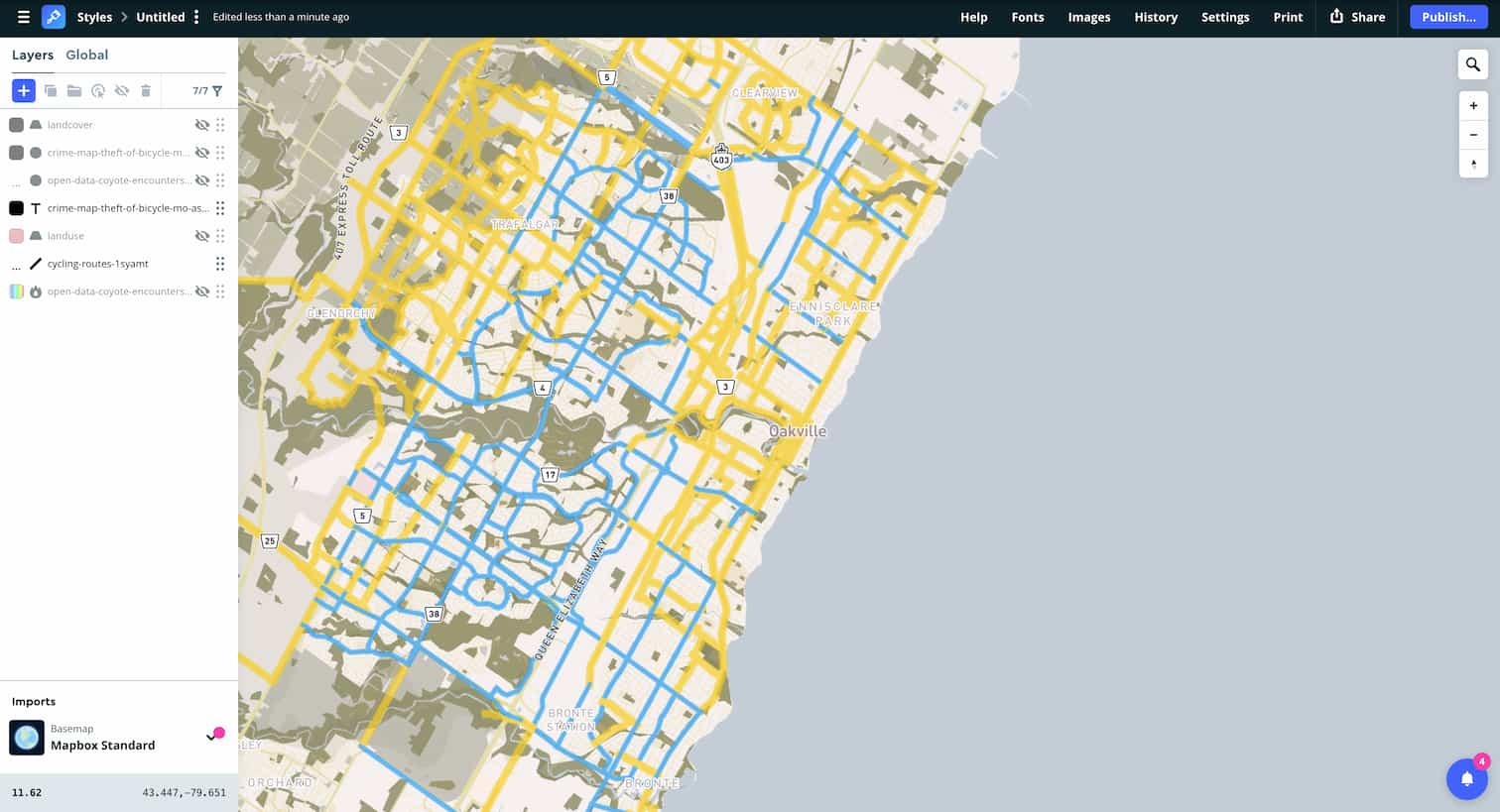 Mapbox tutorial 2 – Experimenting the bivariate line styles on the map using cycling routes data