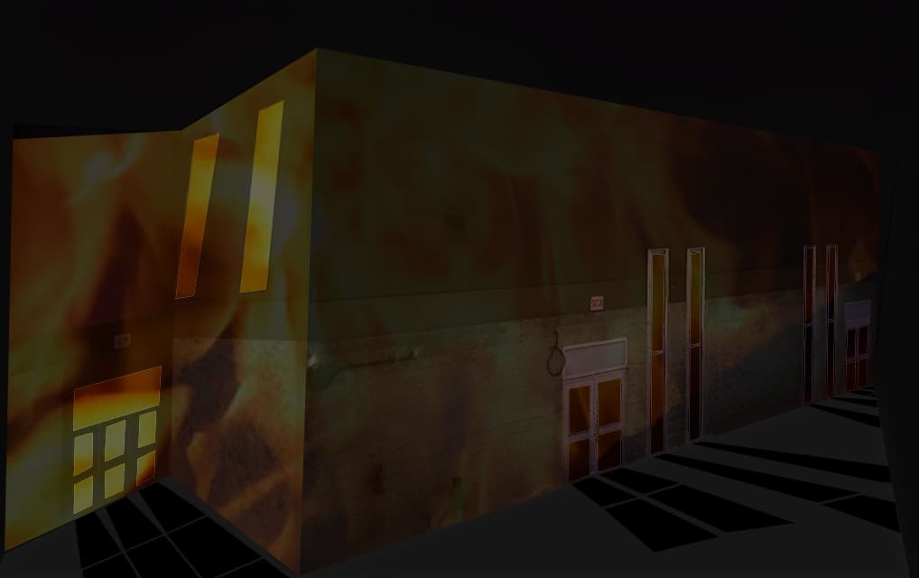 Building on what I learned from the water element, I added a fire texture video on top of the building. 