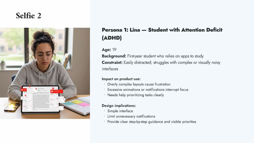 This selfie shows a student with ADHD and the challenges she faces when using digital tools. An app screen full of notifications to show how easily she can feel overwhelmed. While creating this setup, I realized how often designers forget about people with attention difficulties, simply because their needs aren’t always visible.