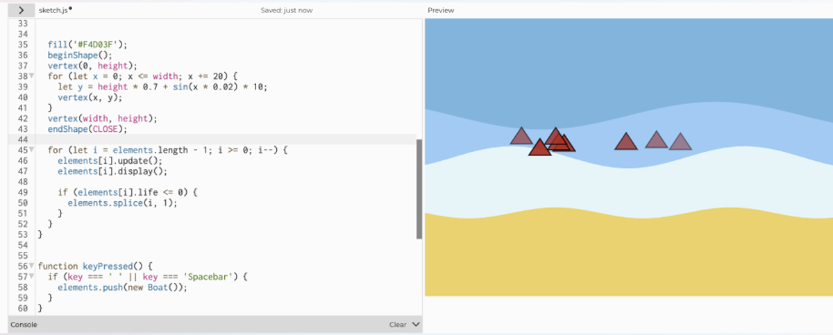 I also wrote the first class, Boat, as a blueprint for the object. When the user presses the space key, the code creates a red boat based on this class and adds it to the array.